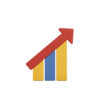 Colorful bar graph with upward arrow symbolizes growth and success. bars are in red, yellow, and blue, representing progress and positive trends png