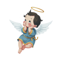 Cute cherubic angel with halo and wings is depicted in thoughtful pose, wearing blue robe. illustration conveys innocence and wonder, perfect for themes of spirituality and imagination png