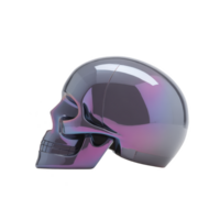 Reflective, iridescent skull sculpture with futuristic design, showcasing gradient of purple and blue hues. smooth, glossy surface adds modern and artistic touch png