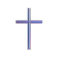 Shiny metallic cross with reflective surface, displaying hues of blue and purple, stands against plain background. cross has sleek, modern design, symbolizing faith and spirituality png