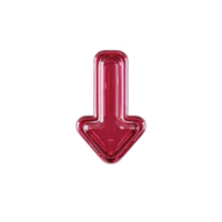 Shiny red 3D arrow pointing downward on transparency background, symbolizing direction or navigation. glossy finish adds modern and sleek look to design png