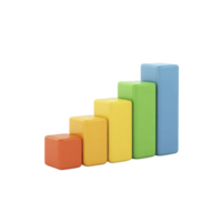 Colorful 3D bar graph with five ascending blocks orange, yellow, green, and blue, representing data growth or progress. vibrant design is ideal for business presentations or educational purposes png