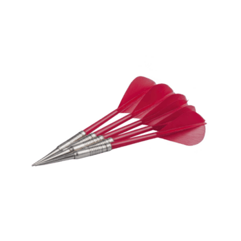 Set of three red darts with metallic tips and shafts, arranged in row on plain background. vibrant red flights contrast with shiny metal, creating dynamic and focused appearance png