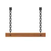 Wooden signboard hangs from two black metal chains, creating rustic and inviting appearance. simple design is ideal for adding personalized text or artwork png