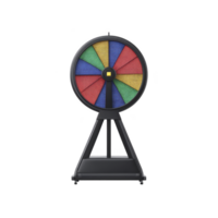 Colorful spinning wheel with black frame and stand, featuring vibrant red, blue, green, and yellow sections. wheel is designed for games or raffles, adding excitement and fun to events png