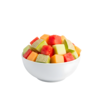 A white bowl overflowing with a refreshing mix of cubed cantaloupe honeydew melon and watermelon isolated on transparent background png