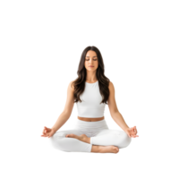 Serene woman in white activewear meditating peacefully in a lotus pose with eyes closed isolated on transparent background png