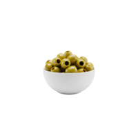 A white bowl filled with ripe green olives showcasing their smooth texture and vibrant color isolated on transparent background png