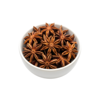 A white ceramic bowl filled with numerous star anise pods showcasing their distinctive eight pointed star shape and rich brown color isolated on transparent background png