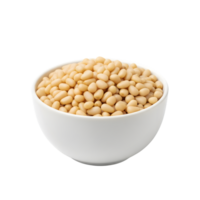 A white ceramic bowl filled with a generous portion of raw shelled pine nuts isolated on transparent background png