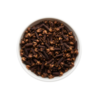 A close up overhead view of dried whole cloves in a white bowl isolated on transparent background png