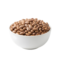 A white bowl filled with pinto beans showcasing their distinctive brown and white speckled pattern isolated on transparent background png