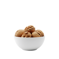 A white ceramic bowl filled with whole and cracked walnuts showcasing their textured shells and rich kernels isolated on transparent background png