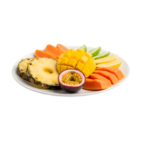 A vibrant platter of assorted tropical fruits including sliced pineapple diced mango papaya wedges passion fruit and green apple slices isolated on transparent background png