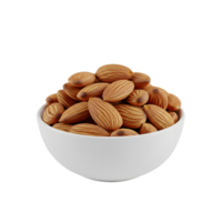 A white bowl filled with a generous portion of whole raw almonds showcasing their natural brown skin and striped texture isolated on transparent background png