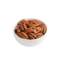 A white bowl filled with delicious healthy and nutritious whole pecan nuts isolated on transparent background png