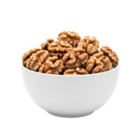 A white ceramic bowl filled with a generous portion of fresh shelled walnut halves isolated on transparent background png