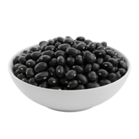 A white ceramic bowl filled with a generous portion of ripe black beans showcasing their smooth texture and oval shape isolated on transparent background png
