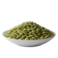 A white bowl filled to the brim with a mound of small oval shaped green lentils isolated on transparent background png