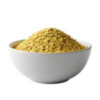 A white bowl filled with a generous mound of bright yellow nutritional yeast flakes isolated on transparent background png
