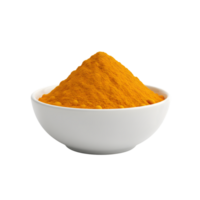 A white ceramic bowl filled with vibrant yellow turmeric powder piled high in a peak isolated on transparent background png