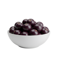 A white bowl filled with ripe acai berries showcasing their deep purple color and characteristic stem marks isolated on transparent background png