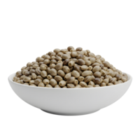 A white ceramic bowl filled with a generous pile of raw hemp seeds showcasing their natural texture and color isolated on transparent background png