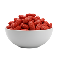 A white bowl overflowing with vibrant red dried goji berries showcasing their wrinkled texture and rich color isolated on transparent background png