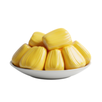 A pile of ripe yellow jackfruit segments arranged in a white bowl isolated on transparent background png