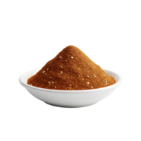 A white bowl filled with a mound of reddish brown spice mixture containing visible small white seeds isolated on transparent background png
