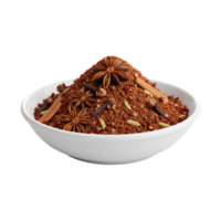A white bowl brimming with a fragrant blend of whole spices including star anise cloves cinnamon sticks and fennel seeds isolated on transparent background png