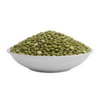 A white bowl overflowing with a generous pile of small green mung beans showcasing their natural texture and isolated on transparent background png