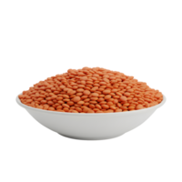A white bowl brimming with a generous portion of dried red lentils showcasing their vibrant color and texture isolated on transparent background png