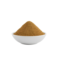 A white bowl filled with a generous mound of finely ground brown spice or powder isolated on transparent background png