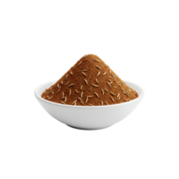 A white bowl filled with a mound of ground cumin seeds and whole cumin seeds isolated on transparent background png