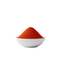 A white bowl filled with a mound of vibrant red paprika spice powder isolated on a transparent background for culinary uses isolated on transparent background png