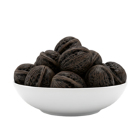 A white bowl filled with a pile of dark brown walnuts showcasing their textured shells isolated on transparent background png
