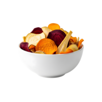 A white bowl filled with a colorful assortment of dehydrated root vegetable chips including beetroot sweet potato and parsnip isolated on transparent background png