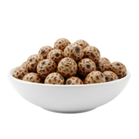 A white ceramic bowl filled with a generous pile of tiger nuts showcasing their textured brown skin and isolated on transparent background png