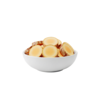 A white bowl filled with sliced galangal root showcasing its natural texture and color isolated on transparent background png