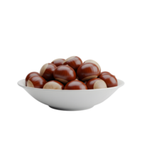 A white bowl filled with shiny brown horse chestnuts showcasing their smooth texture and light tan base isolated on transparent background png
