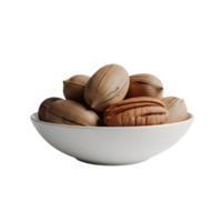 A white bowl filled with whole and shelled pecans showcasing their textured shells and rich brown kernels isolated on transparent background png