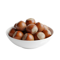A generous white bowl overflowing with perfectly ripe brown shelled hazelnuts showcasing their natural texture and color isolated on transparent background png