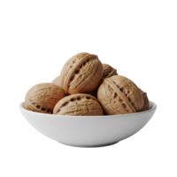 A pile of whole textured walnuts nestled in a simple white bowl presented isolated on transparent background png