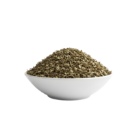 A white ceramic bowl filled with dried oregano herb flakes showcasing its texture and color isolated on transparent background png