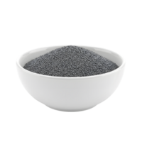 A white ceramic bowl filled with a generous mound of tiny dark blue poppy seeds isolated on transparent background png
