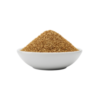A white bowl filled with a generous portion of dried ground ginger spice isolated on transparent background png