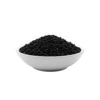A white ceramic bowl filled with a generous mound of black sunflower seeds isolated on transparent background png