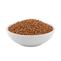 A white ceramic bowl filled with a generous portion of dried fenugreek seeds presented isolated on transparent background png