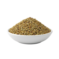 A white ceramic bowl filled with a generous mound of fennel seeds and mustard seeds isolated on transparent background png